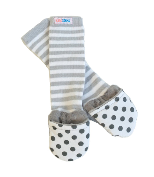 Handsocks 500 BAILEY (Dots w/Grey) Plush Stay-On Strap-Free No-Scratch Warm Baby & Kid Mittens